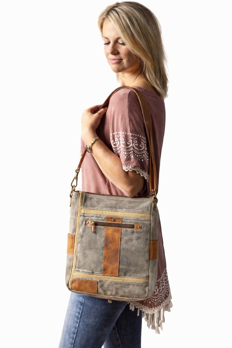 Mona B Dakota Upcycled Canvas Crossbody Bag Gray Vegan Leather Boho Travel
